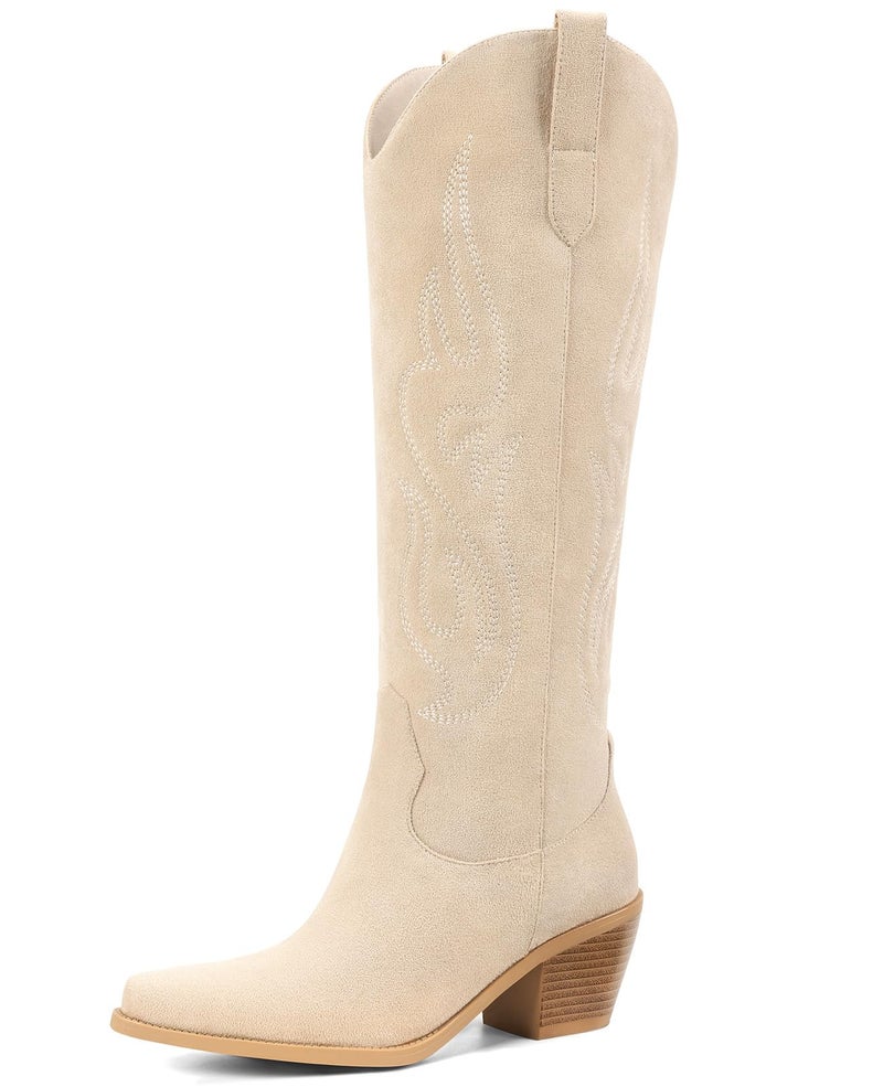 Pasuot Western Cowboy Boots for Women - Knee High Wide Calf Cowgirl Boots, Slip On Pointed Toe Chunky Heel Fashion Retro Classic Pull On Tall Boot for ladies Party concert Beige Suede US 5 - Image 1