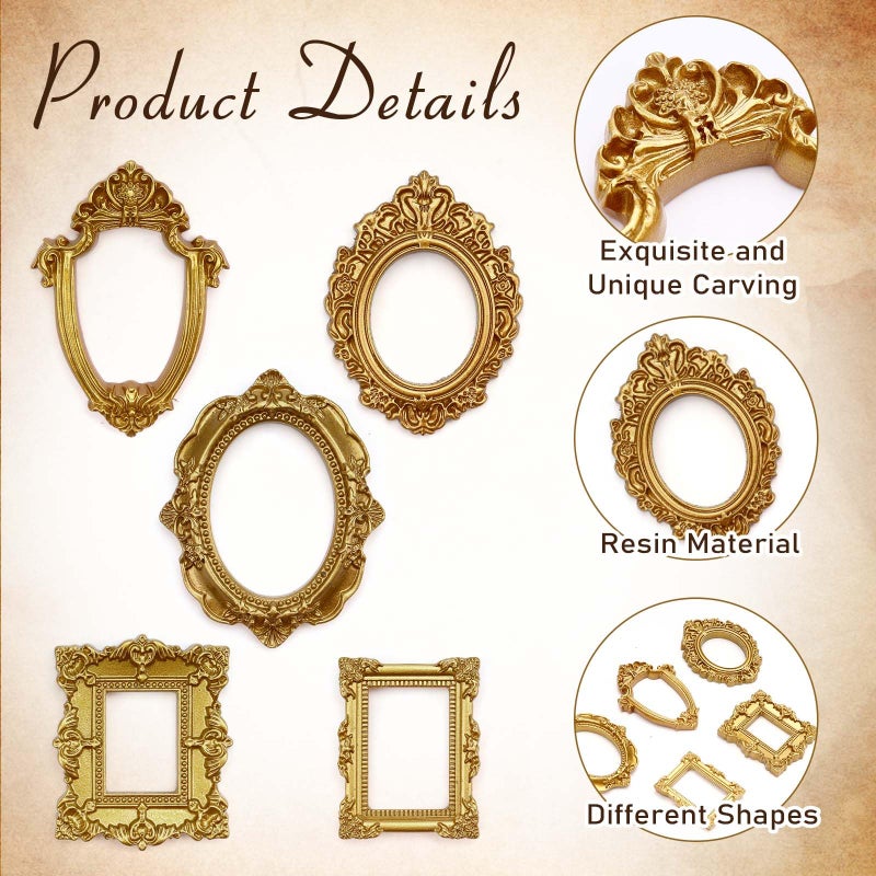 VICROIC 15 PCS Mini Vintage Frames, Tiny Resin Antique Frames, Small Gold picture photo frame for DIY Wall Hanging Jewelry Display Photography Party Hotel Home Decoration (mini frameA) - Image 3