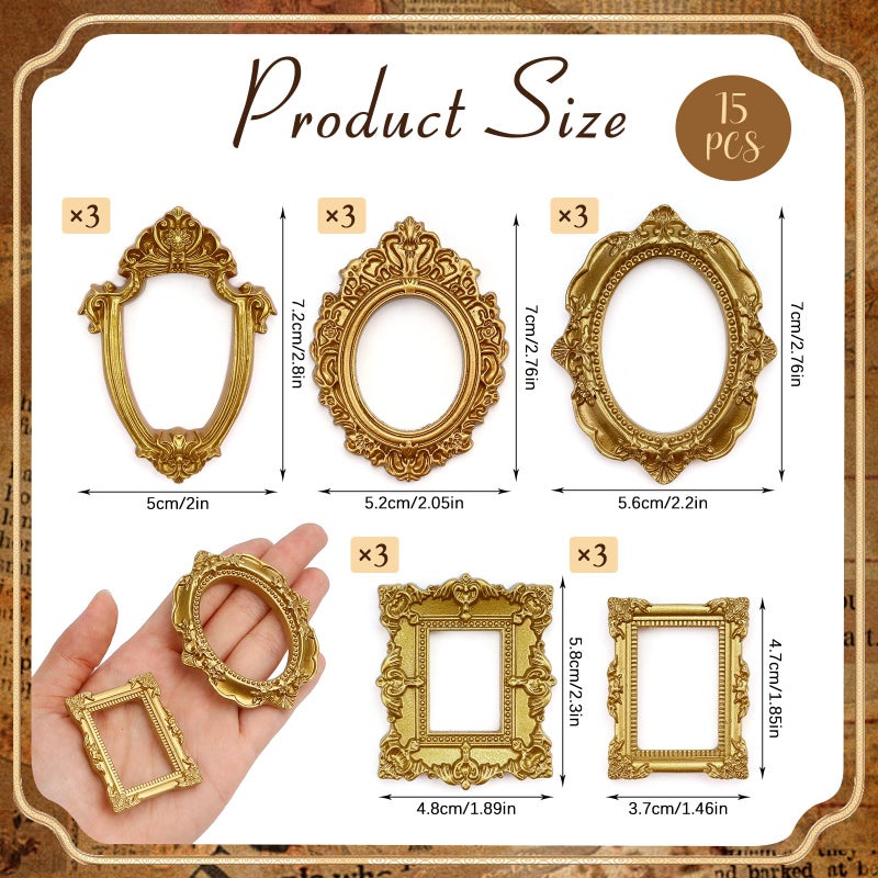 VICROIC 15 PCS Mini Vintage Frames, Tiny Resin Antique Frames, Small Gold picture photo frame for DIY Wall Hanging Jewelry Display Photography Party Hotel Home Decoration (mini frameA) - Image 2