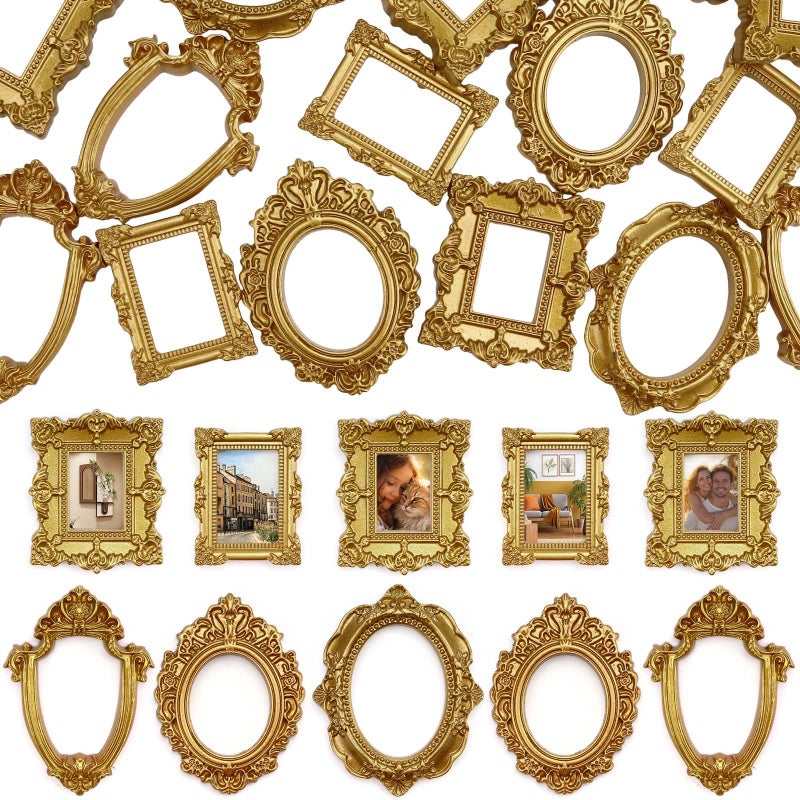 VICROIC 15 PCS Mini Vintage Frames, Tiny Resin Antique Frames, Small Gold picture photo frame for DIY Wall Hanging Jewelry Display Photography Party Hotel Home Decoration (mini frameA) - Image 1