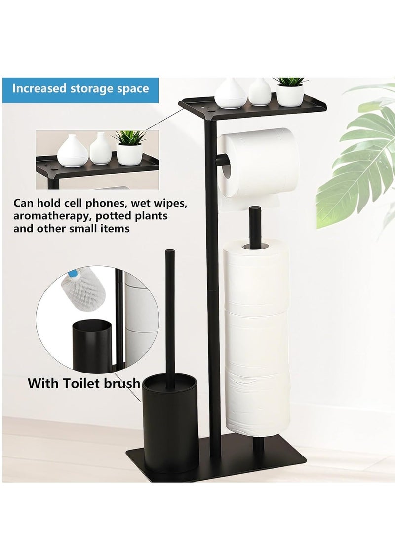 والالا حامل ورق تواليت أسود غير لامع مع رف، حامل ورق تواليت مقاوم للصدأ على الأرض قائم بذاته، حامل مناديل تواليت حر، حامل ورق تواليت للحمامات مع فرشاة تواليت - Image 4