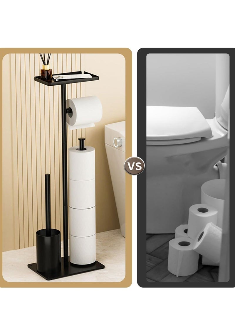 والالا حامل ورق تواليت أسود غير لامع مع رف، حامل ورق تواليت مقاوم للصدأ على الأرض قائم بذاته، حامل مناديل تواليت حر، حامل ورق تواليت للحمامات مع فرشاة تواليت - Image 3