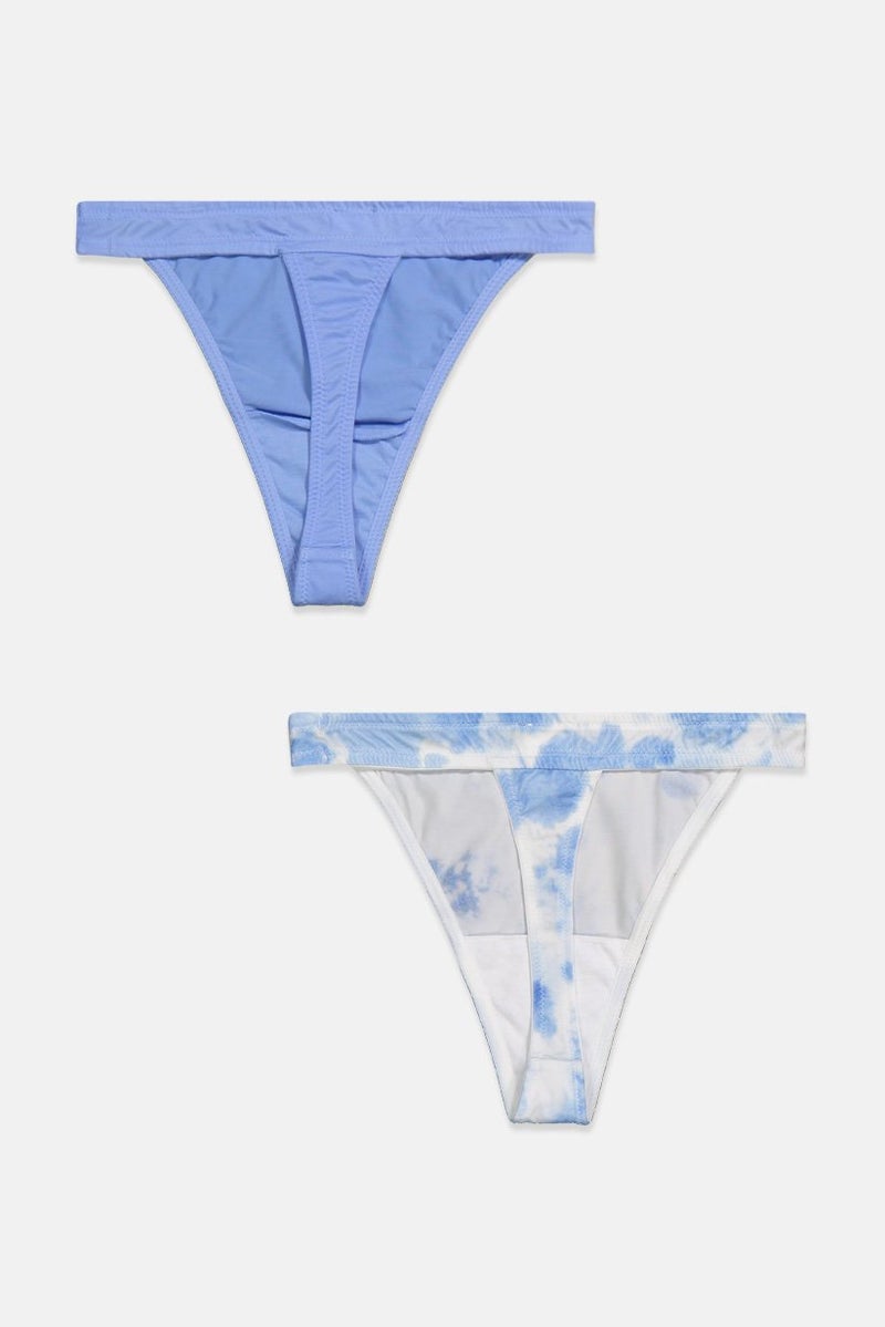 Tchibo Women 2 Pieces Tie Dye And Solid Thong Panty, Blue