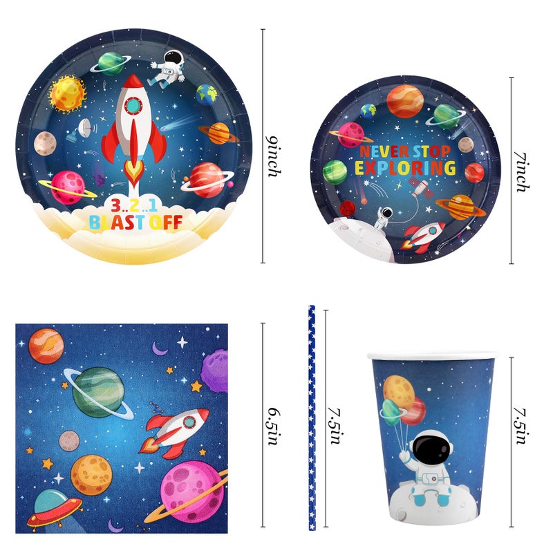 Recheel Space Birthday Party Supplies Decorations, Outer Space Theme Paper Plates and Napkins Set for 24 Guests, 120 Pcs Disposable Galaxy Party Dessert Dinnerware - Image 2
