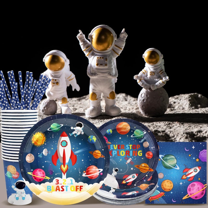 Recheel Space Birthday Party Supplies Decorations, Outer Space Theme Paper Plates and Napkins Set for 24 Guests, 120 Pcs Disposable Galaxy Party Dessert Dinnerware - Image 4