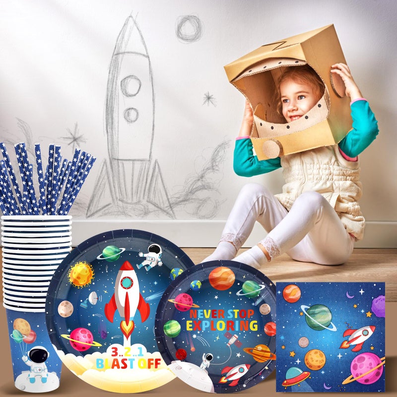 Recheel Space Birthday Party Supplies Decorations, Outer Space Theme Paper Plates and Napkins Set for 24 Guests, 120 Pcs Disposable Galaxy Party Dessert Dinnerware - Image 3