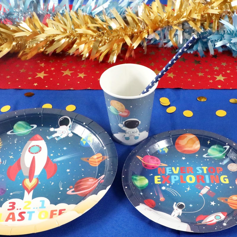 Recheel Space Birthday Party Supplies Decorations, Outer Space Theme Paper Plates and Napkins Set for 24 Guests, 120 Pcs Disposable Galaxy Party Dessert Dinnerware - Image 5