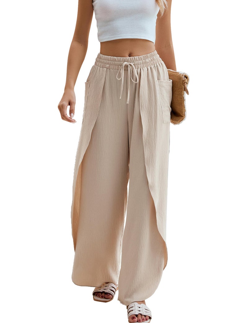 BMJL Womens Flowy Boho Beach Pants Summer Palazzo Pant High Waisted Side Split Wide Leg Trousers Vacation Travel Outfit(M,Beige) - Image 1