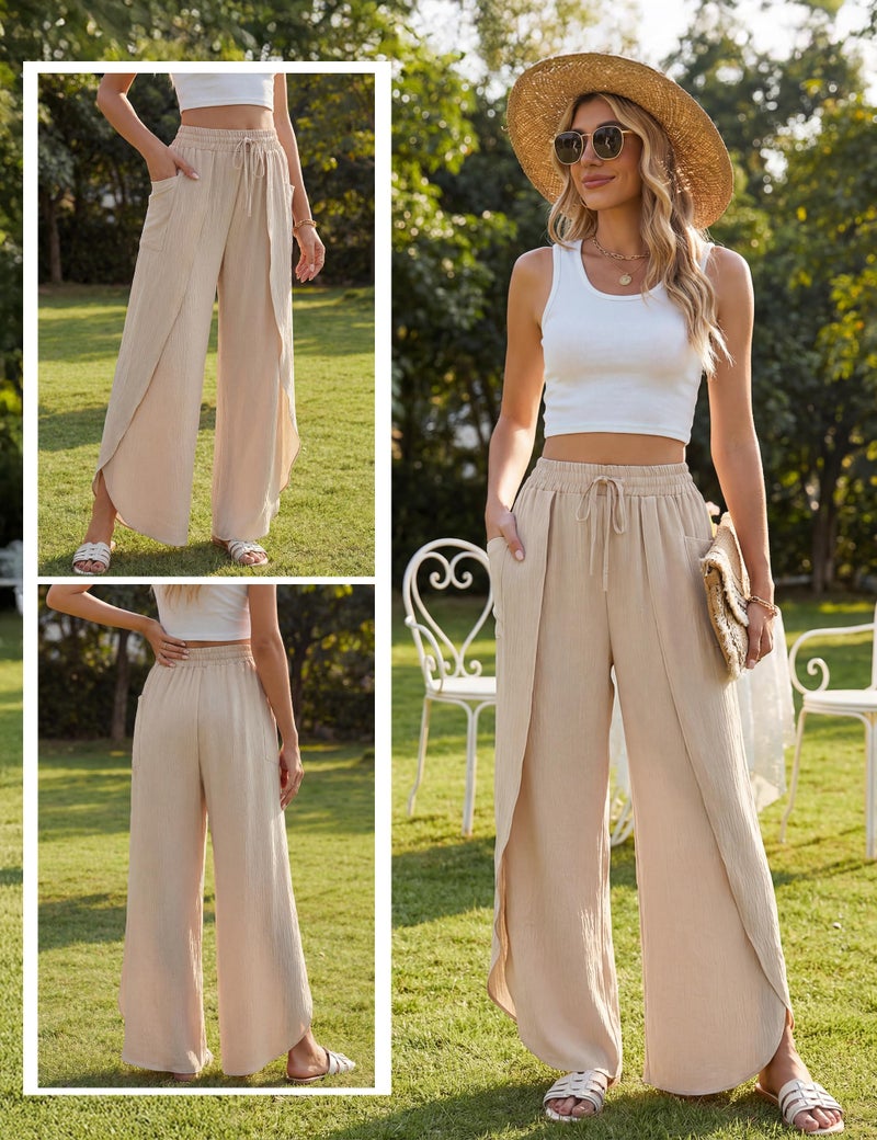 BMJL Womens Flowy Boho Beach Pants Summer Palazzo Pant High Waisted Side Split Wide Leg Trousers Vacation Travel Outfit(M,Beige) - Image 2