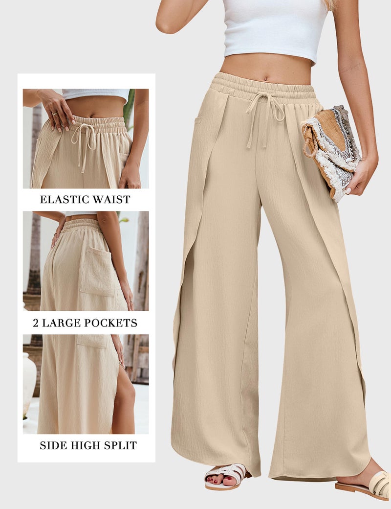 BMJL Womens Flowy Boho Beach Pants Summer Palazzo Pant High Waisted Side Split Wide Leg Trousers Vacation Travel Outfit(M,Beige) - Image 4