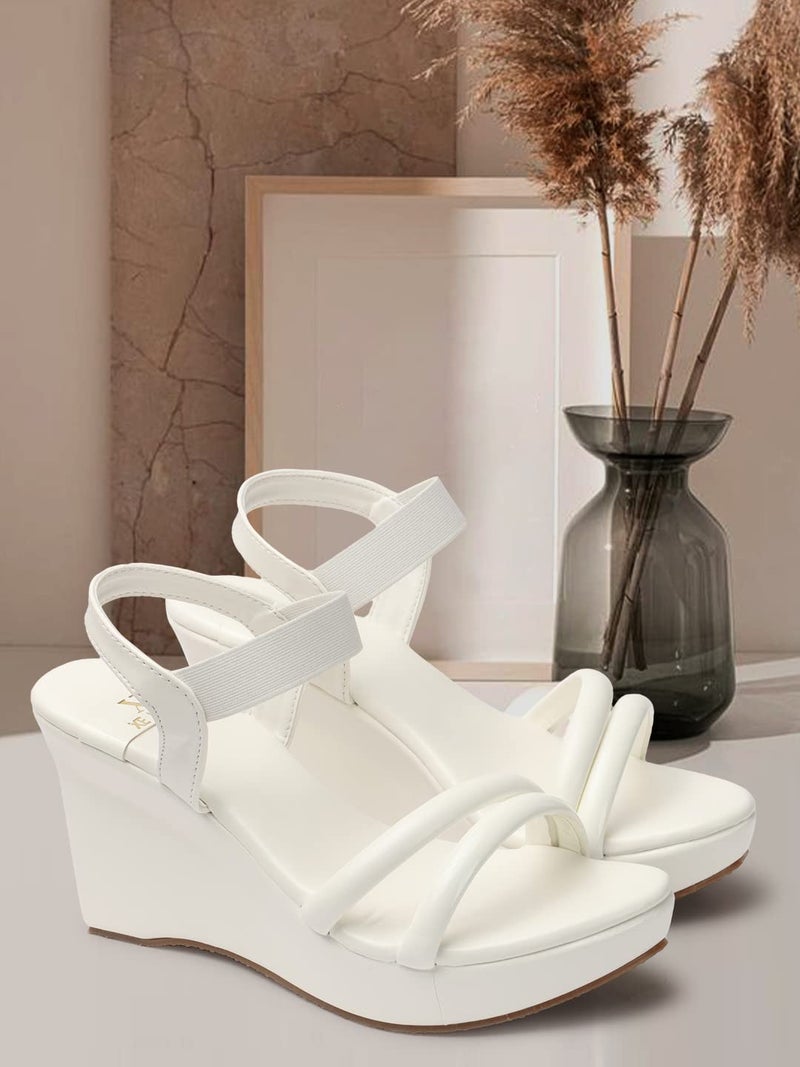 XE Looks Women's High Heel Wedges Sandal | Stylish and Comfortable Thong Strap Slip-On Sandals | Soft Cushioned Sole and Open Toe Heels for Casual Office and Formal Wear (White) - Image 2