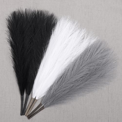 Ureymx Faux Pampas Grass Decor 177 Inch 6pcs Artificial Pampas Grass Fluffy Home Decor Short Vase Room Decor pompous Grass Flower Arrangement for Boho Home Wedding Decoration BlackWhiteGrey - Image 1