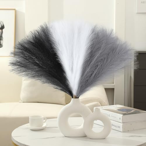 Ureymx Faux Pampas Grass Decor 177 Inch 6pcs Artificial Pampas Grass Fluffy Home Decor Short Vase Room Decor pompous Grass Flower Arrangement for Boho Home Wedding Decoration BlackWhiteGrey - Image 3