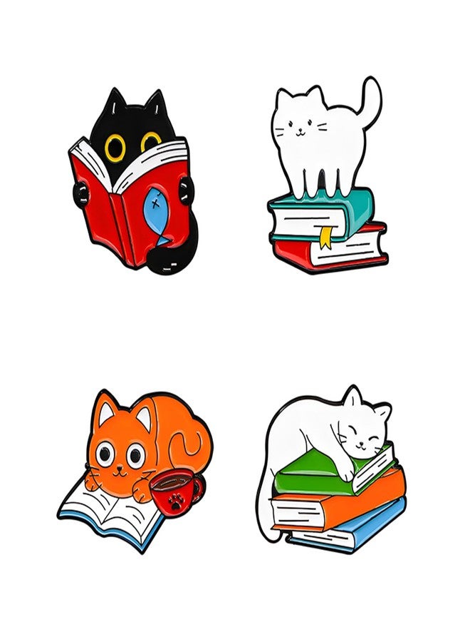 RLHRNDE 4 Pcs Cartoon Book and Cat Brooch Set for Women Men Cute Enamel Lapel Pins Cartoon Book Lovers Gifts Animals Badges Brooch Pins for Decor Backpacks Clothing Bags Jackets Accessories (Book Cat) - Image 1