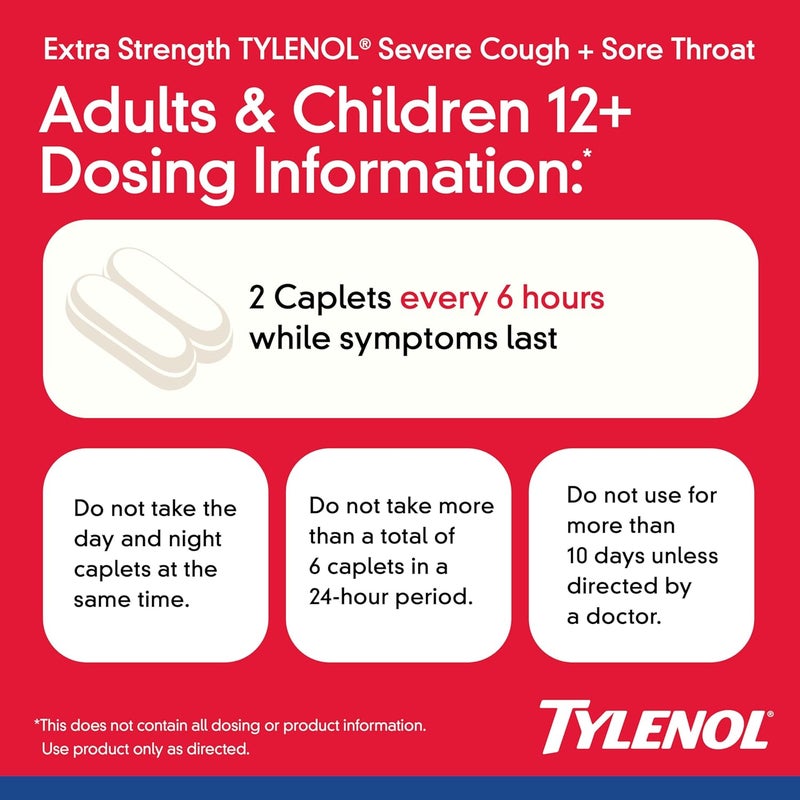 Tylenol تايلينول إكسترا سترينث سيفير كوف حنجرة مؤلمة نهار وليل عبوة كبسولات كومبو لتخفيف الأعراض المتعددة القوية لحنجرة مؤلمة وسعال مسكن للألم أسيتامينوفين 24 حبة - Image 4