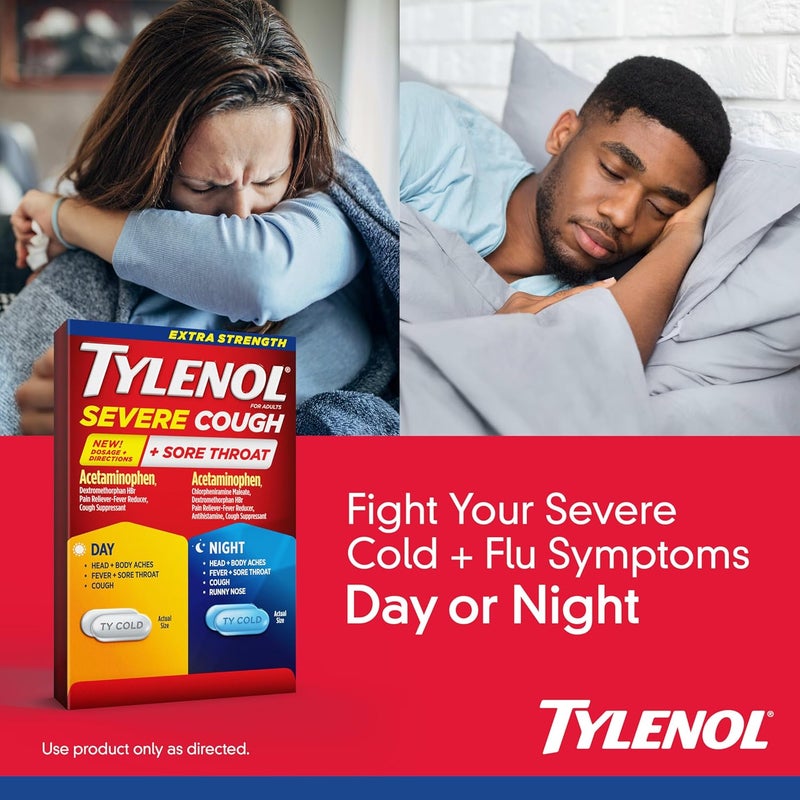 Tylenol تايلينول إكسترا سترينث سيفير كوف حنجرة مؤلمة نهار وليل عبوة كبسولات كومبو لتخفيف الأعراض المتعددة القوية لحنجرة مؤلمة وسعال مسكن للألم أسيتامينوفين 24 حبة - Image 3