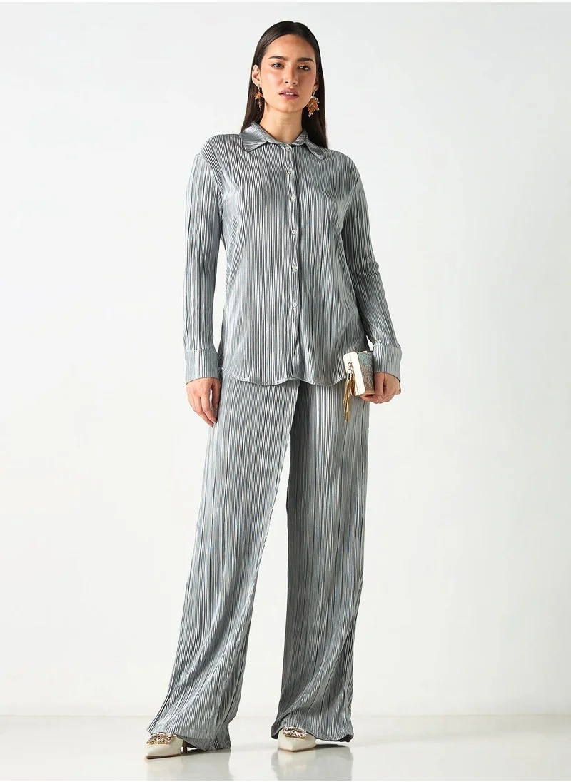 SINOIR Pleated Long Sleeves Shirt and Wide Leg Wrap Pants