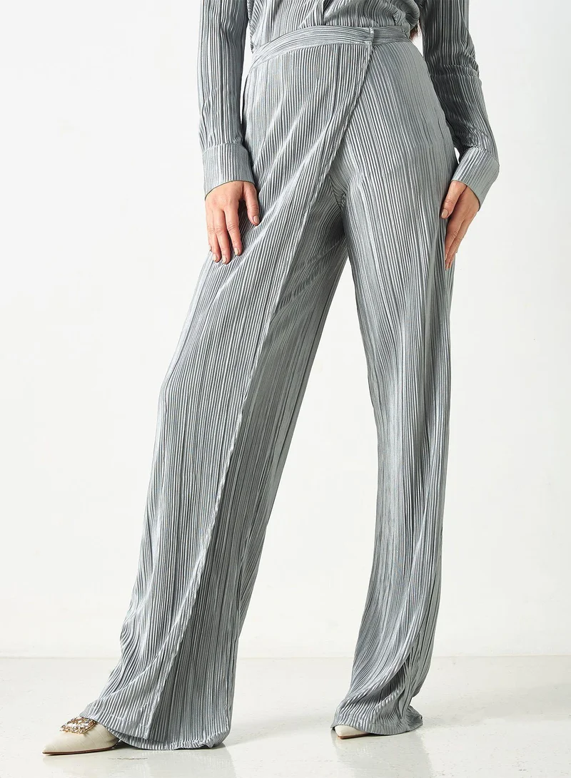SINOIR Pleated Long Sleeves Shirt and Wide Leg Wrap Pants