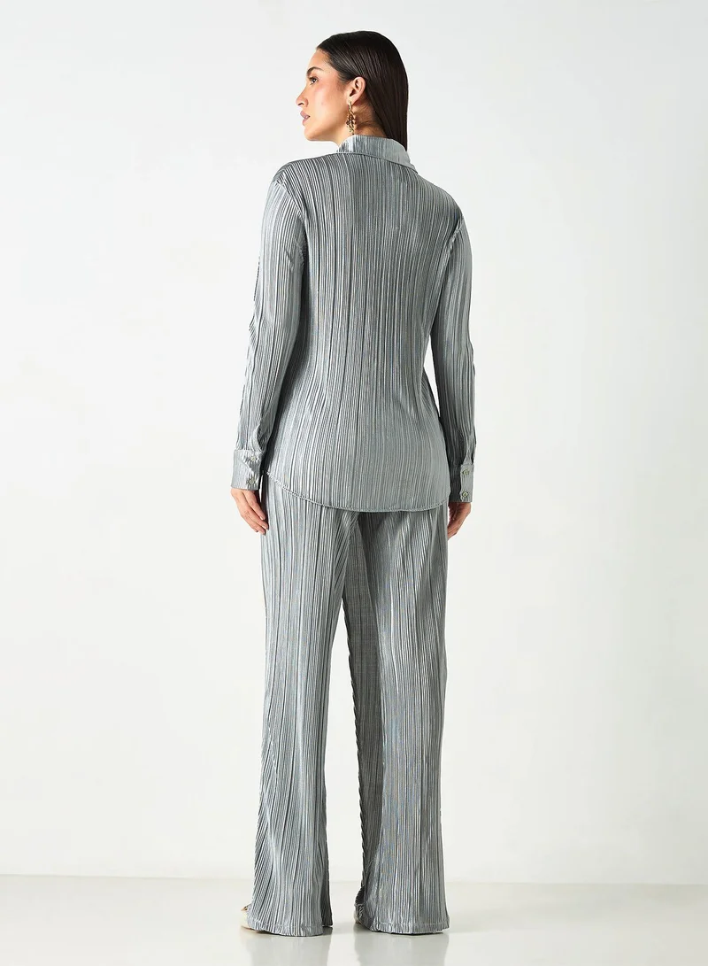 SINOIR Pleated Long Sleeves Shirt and Wide Leg Wrap Pants