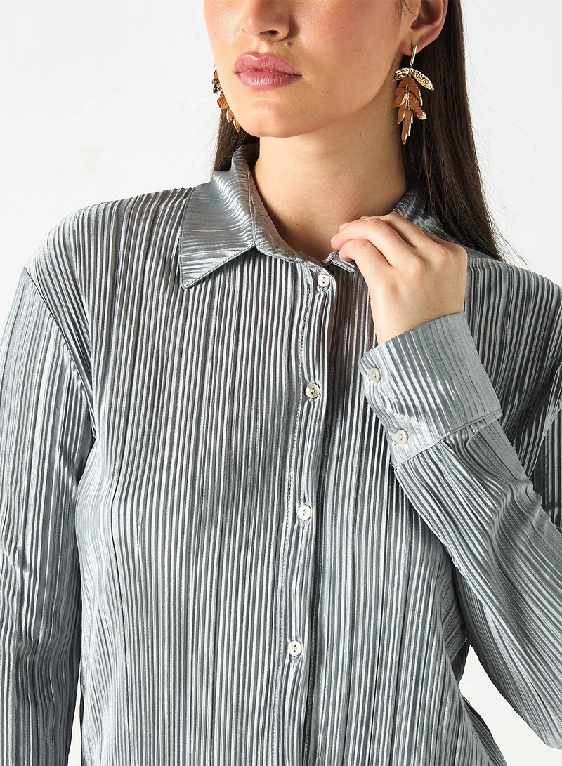 SINOIR Pleated Long Sleeves Shirt and Wide Leg Wrap Pants
