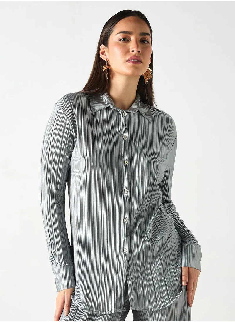 SINOIR Pleated Long Sleeves Shirt and Wide Leg Wrap Pants