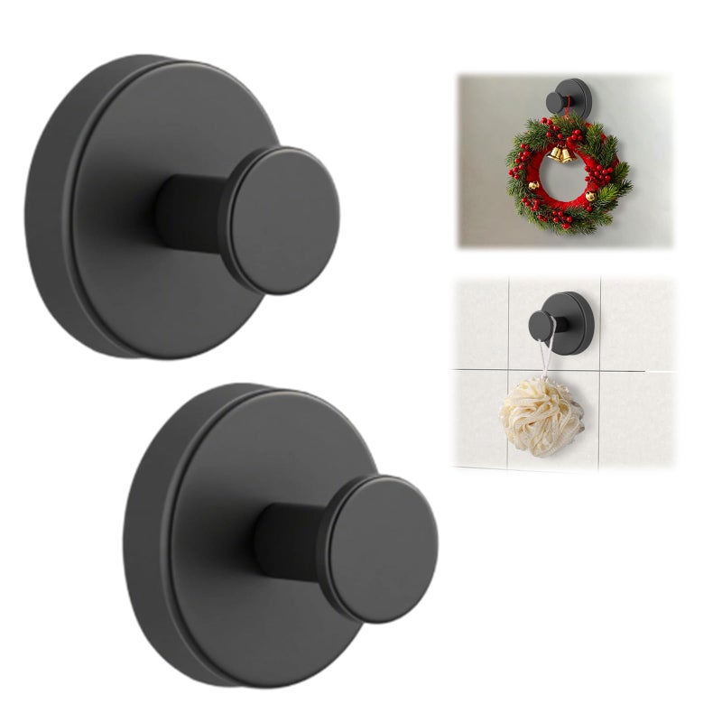colorcasa Suction Cup Hooks for Wreaths on Glass, No-Drill Suction Cup Hooks, Wreath Hangers for Front Doors, Metal Towel Hooks for Showers Bathrooms Mirrors (2Pcs Black) - Image 1