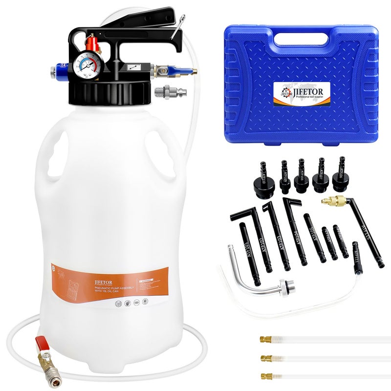 JIFETOR Transmission Fluid Pump Pneumatic Extractor and Dispenser Tool Kit 10L ATF Fill and Evacuator Oil Can Set with 15PCS ATF Adapters 3PCS 1M Hose for Gear Oil Garage and Shop Fluid Transfer