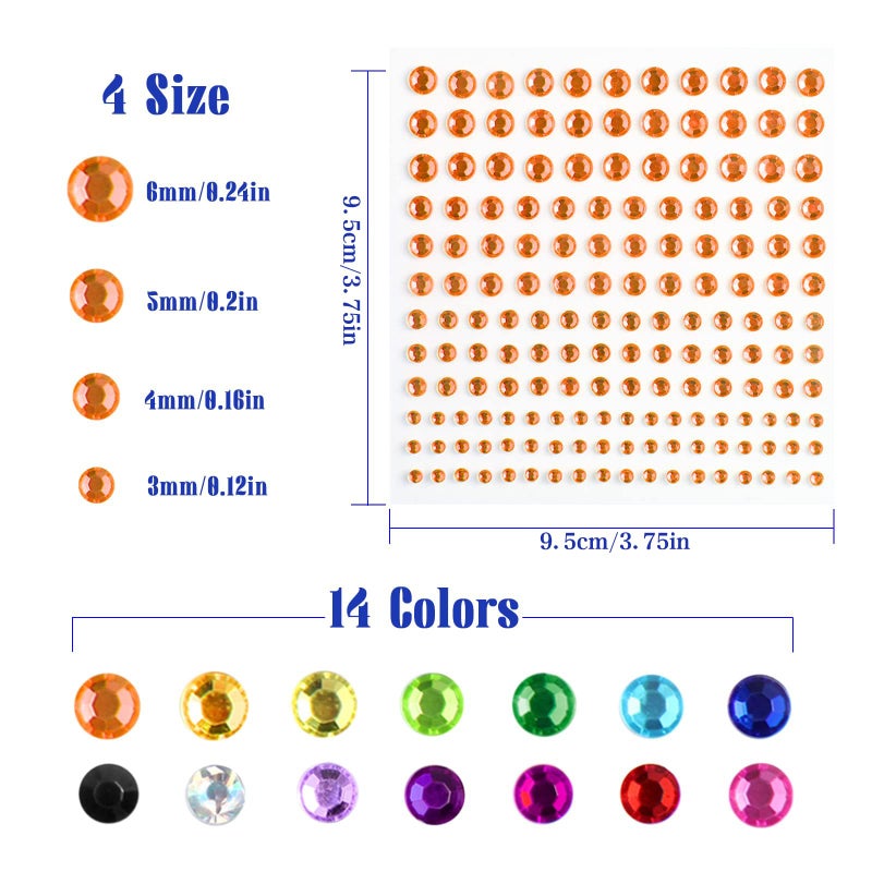 FEMBW 2310 PCS Self Adhesive Rhinestone Gem Stickers for Face Nail Body Makeup Festival,4 Size 14 Sheets Bling Jewels Stickers Earrings for DIY Kids Craft Card Decorations - Image 2