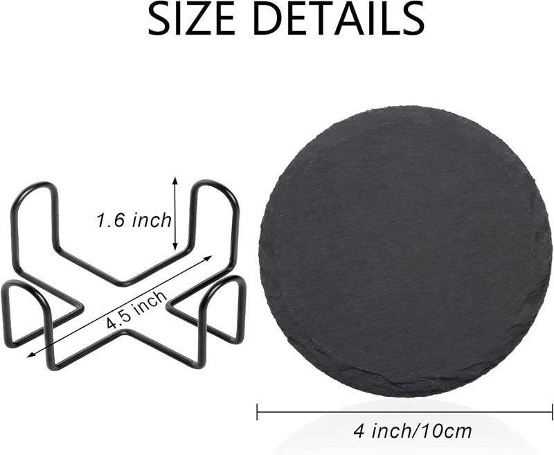 SIJDIEE 4 PCS Round Slate Drink Coasters Set, 4 Inch Laser Engraving Black Slate Stone Coasters with Anti-Scratch Bottom and Coaster Holder for Office Bar Kitchen Home Dinner Table Decor Supplies - Image 2