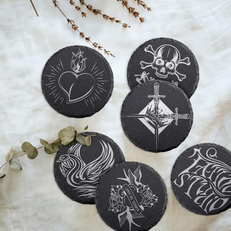 SIJDIEE 4 PCS Round Slate Drink Coasters Set, 4 Inch Laser Engraving Black Slate Stone Coasters with Anti-Scratch Bottom and Coaster Holder for Office Bar Kitchen Home Dinner Table Decor Supplies - Image 3
