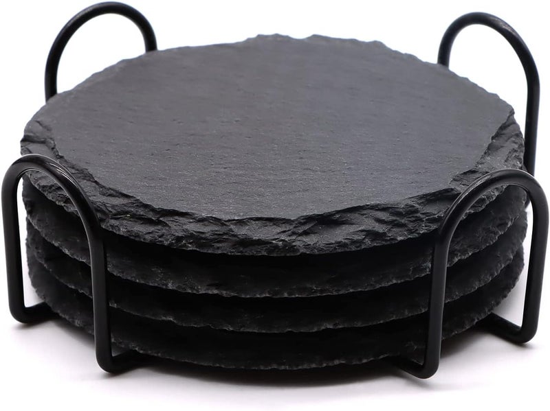 SIJDIEE 4 PCS Round Slate Drink Coasters Set, 4 Inch Laser Engraving Black Slate Stone Coasters with Anti-Scratch Bottom and Coaster Holder for Office Bar Kitchen Home Dinner Table Decor Supplies - Image 1