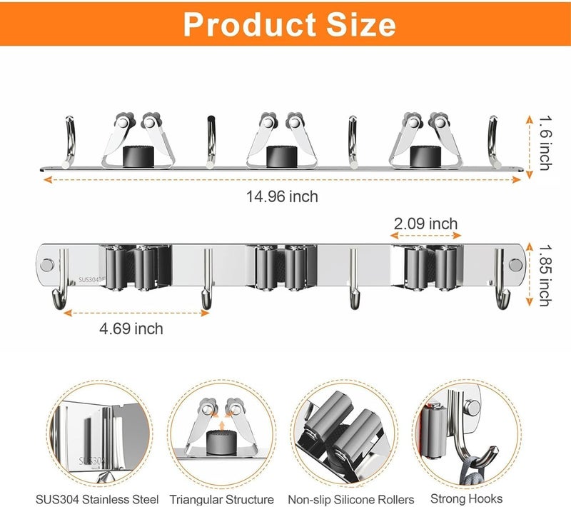 Boniry Broom Holder | 3 Mop Stand With 4 Hook Broom Stick Holder Wall Mounted | Heavy Duty Broom Holder Wall Mounted Or Tool Organizer For Home Garden Garage And Storage - Image 2