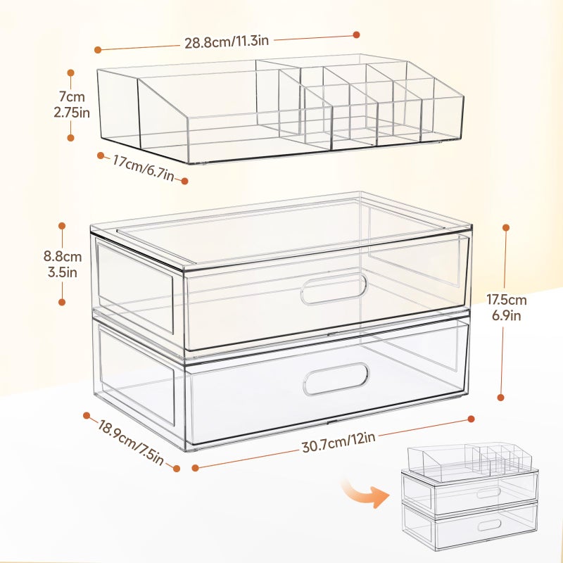 Aurblozen Clear Stackable Makeup Organizer with Drawer, 12''W Acrylic Storage Drawers, Cosmetic Display Case for Vanity Bathroom Countertop, Beauty Holder for Lipstick Brush Skincare Perfume (5 Pack) - Image 3