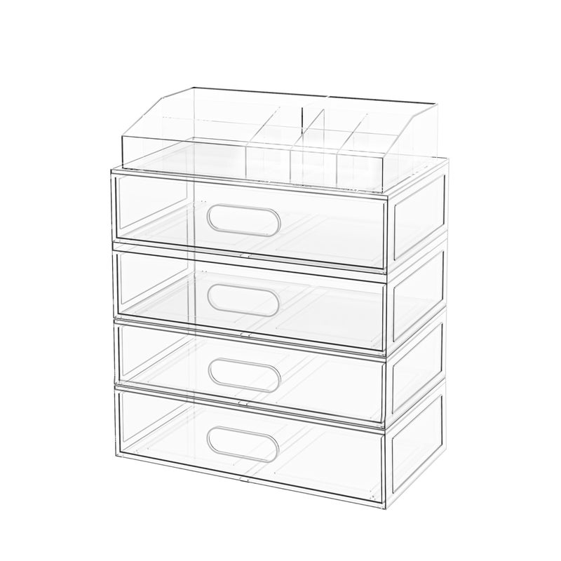 Aurblozen Clear Stackable Makeup Organizer with Drawer, 12''W Acrylic Storage Drawers, Cosmetic Display Case for Vanity Bathroom Countertop, Beauty Holder for Lipstick Brush Skincare Perfume (5 Pack) - Image 1