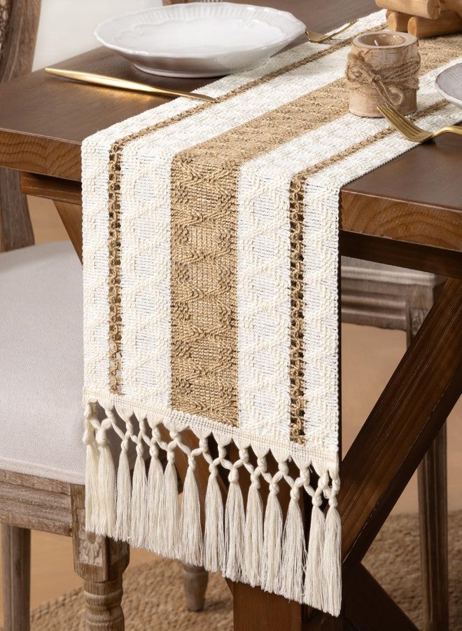 DeZerlor Boho Macrame Table Runner Fall Farmhouse Woven Table Runner with Tassels 72 Inches Ivory& Burlap Brown Cotton Linen Kitchen Table Centerpiece for Dining Dresser Home Tea Table Decor - Image 4