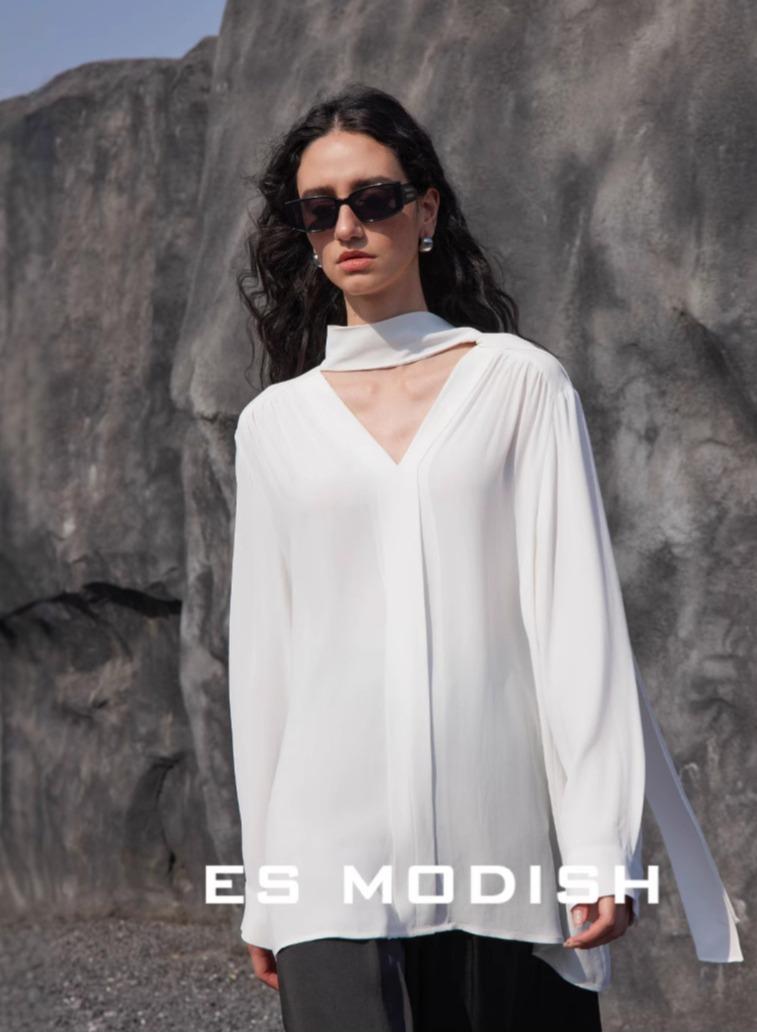 Saraia بلوزة بيضاء بأكمام طويلة من ES MODISH مع تفاصيل شريط أنيقة - Image 3