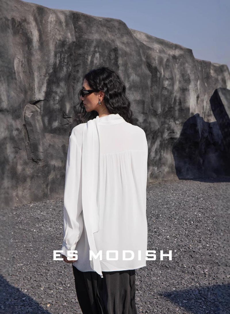 Saraia بلوزة بيضاء بأكمام طويلة من ES MODISH مع تفاصيل شريط أنيقة - Image 2