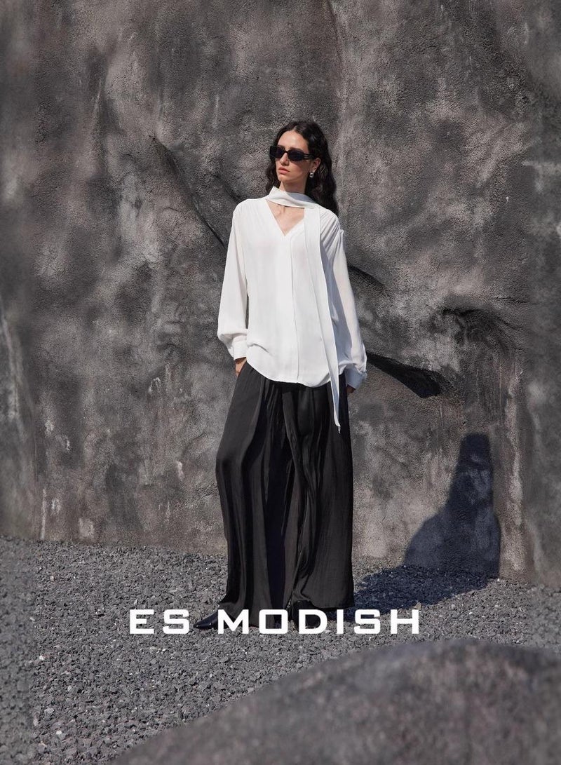 Saraia بلوزة بيضاء بأكمام طويلة من ES MODISH مع تفاصيل شريط أنيقة - Image 1
