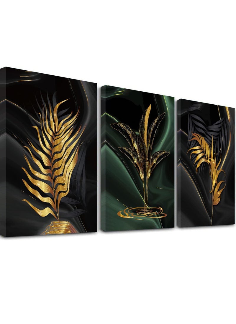 NIBEMINENT - Plant Canvas Painting, Black and Gold Abstract Wall Art Poster, Print Scandinavian Decoration Picture, No Frame Pictures for Bedroom, Living Room, Artwork Home Decor (40*30cm, 3 Pcs) - Image 1