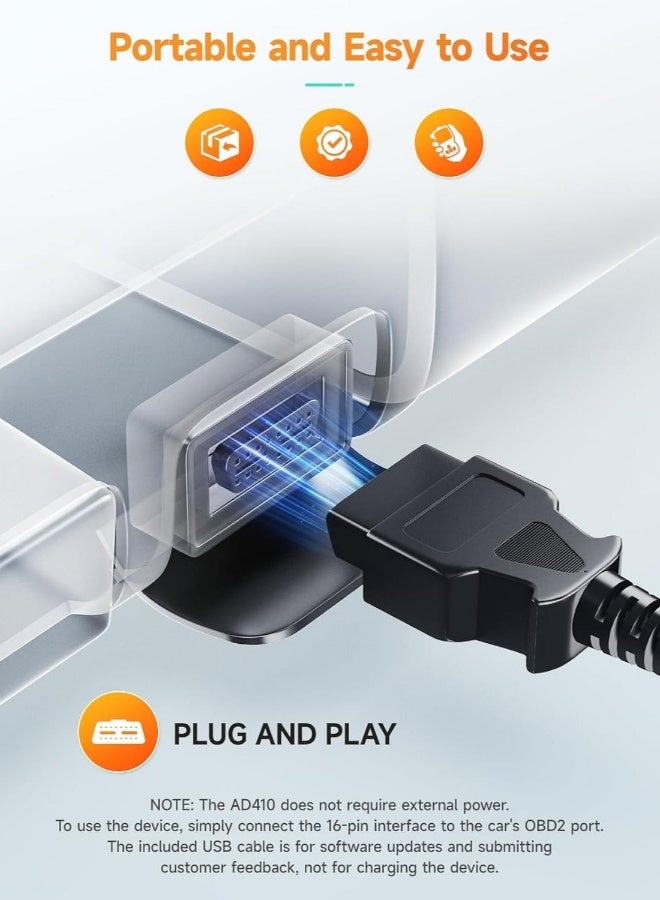 أنسيل ماسح AD410 المحسن لجهاز OBD2، قارئ أكواد المركبة لإنذار محرك السيارة، أداة فحص تشخيص الأعطال لسيارات OBD II، أداة فحص ميكانيكي لجميع سيارات OBD II من عام 1996 فما فوق، أسود/أصفر - Image 2
