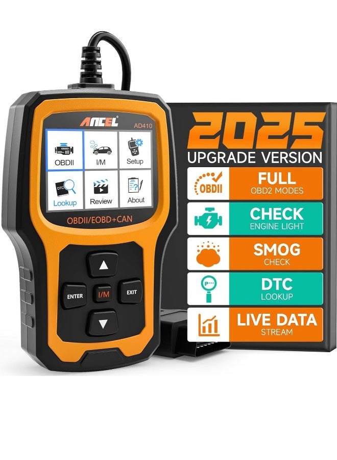 أنسيل ماسح AD410 المحسن لجهاز OBD2، قارئ أكواد المركبة لإنذار محرك السيارة، أداة فحص تشخيص الأعطال لسيارات OBD II، أداة فحص ميكانيكي لجميع سيارات OBD II من عام 1996 فما فوق، أسود/أصفر - Image 1