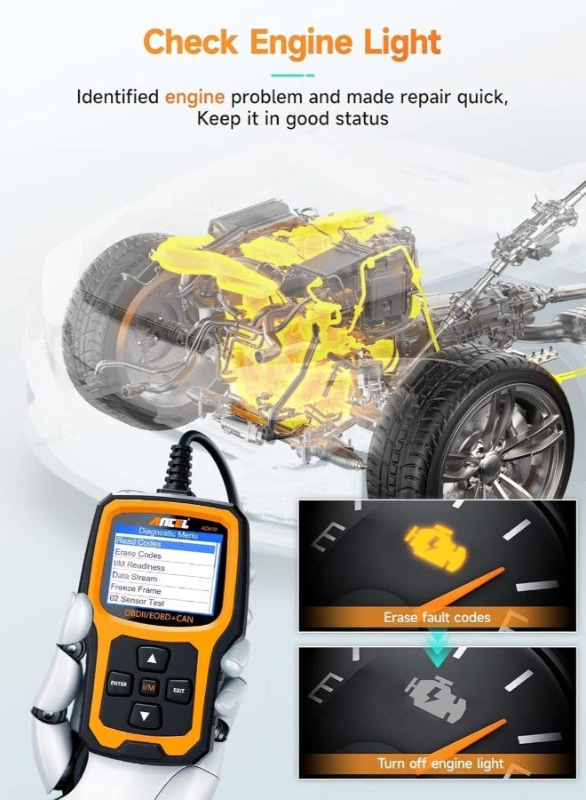 أنسيل ماسح AD410 المحسن لجهاز OBD2، قارئ أكواد المركبة لإنذار محرك السيارة، أداة فحص تشخيص الأعطال لسيارات OBD II، أداة فحص ميكانيكي لجميع سيارات OBD II من عام 1996 فما فوق، أسود/أصفر - Image 4