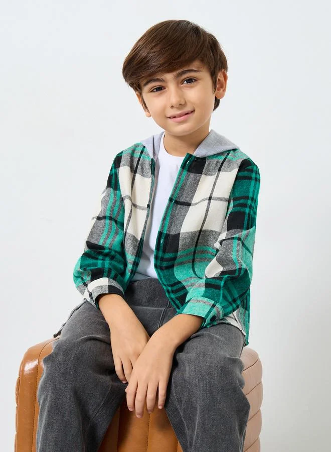 Styli Styli Boys Green Check Hooded Shacket