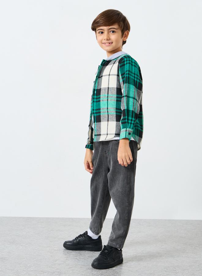 Styli Boys Green Check Hooded Shacket - Image 2