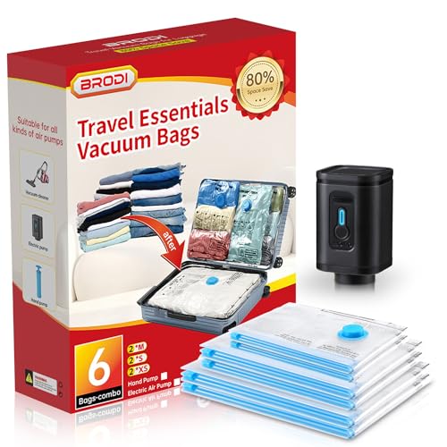 BRODI 6 Combo Pack Travel Vacuum Bags with Pump - Space Saver & Travel Essentials, Clothing & Luggage Vacuum Seal Bags - Image 1