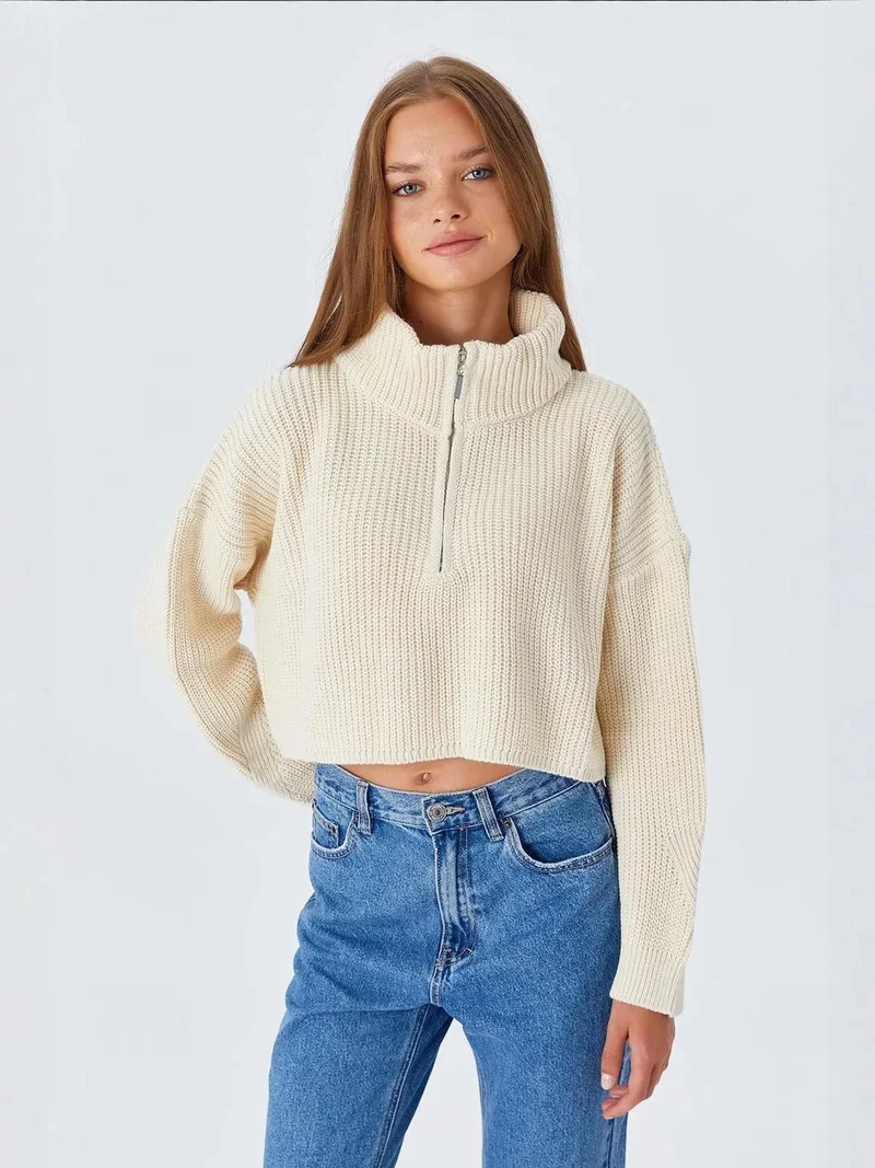 MixRay Mixray Textured Long Sleeve Zipped Collar Sweater