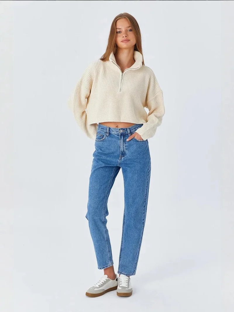 MixRay Mixray Textured Long Sleeve Zipped Collar Sweater