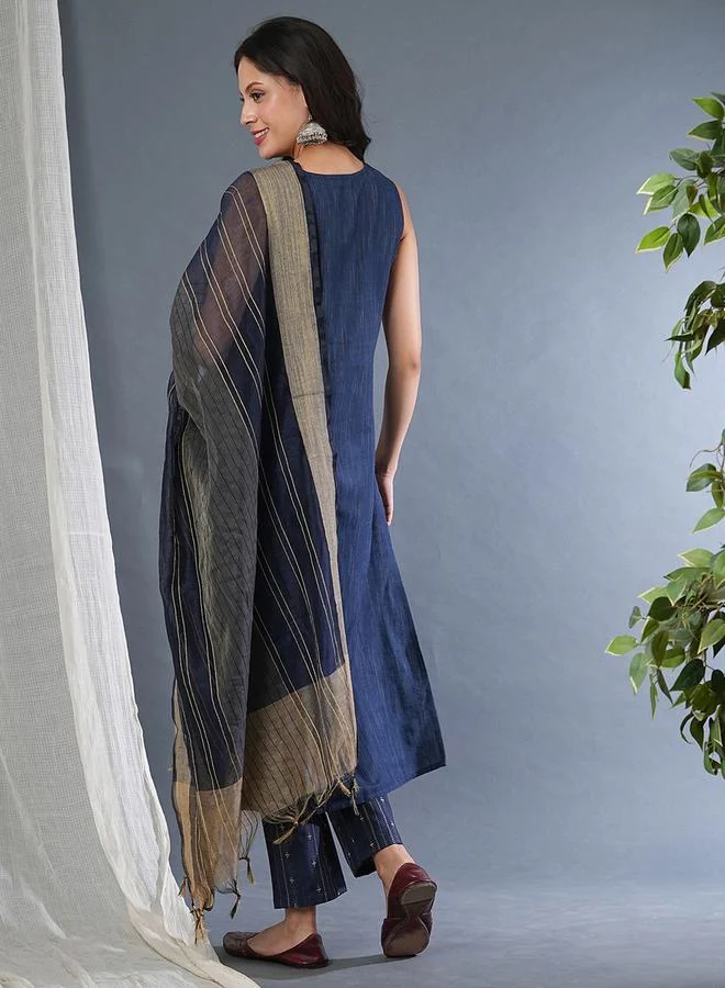 globus Globus Sleeveless Tie-Up Neck Straight Kurta with Pants and Dupatta Set