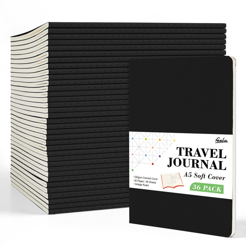 feela 36 Pack Soft Cover Journal Bulk, Lined Blank Travel Journal for Women Men Writing, Notebooks College Ruled for Work, Note Taking Notebook School Business Supplies, 8.2â€ x 5.5â€, A5, Black - Image 1