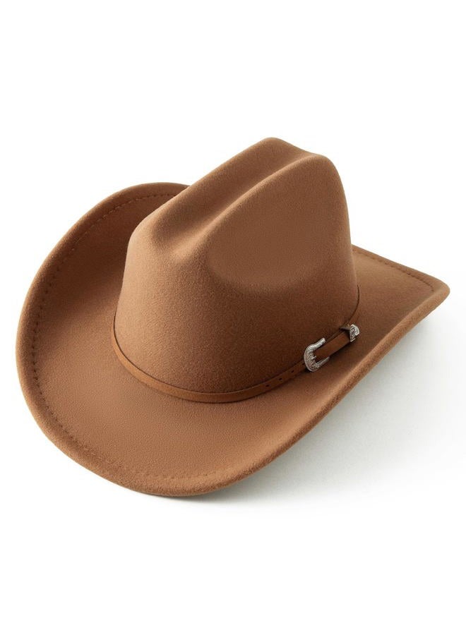 Jastore Kids Western Cowboy Hat for Girl Boy Wide Brim Beach Cowgirl Hat with Belt Buckle Cattleman Cowboys Hats, Khaki, 5-10 Years - Image 1